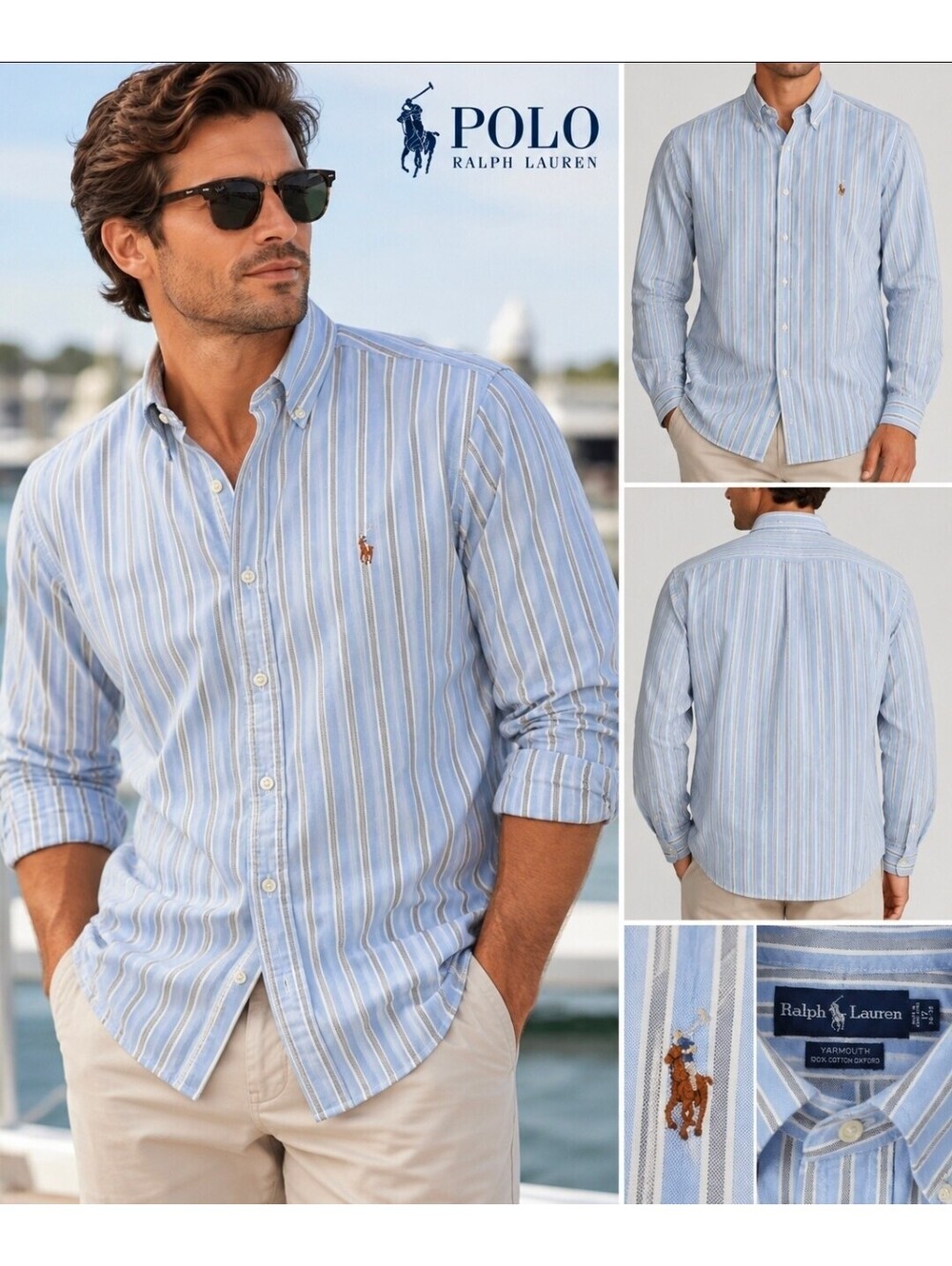 Ralph Lauren Yarmouth Mens 17 34/35 Oxford Shirt Blue Stripe Pony Button Down